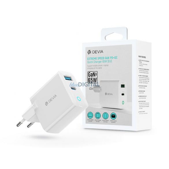 Adaptor încărcător de rețea Devia GaN cu intrare USB + Type-C - 65W - Încărcător rapid Devia Extreme Speed ​​​​GaN PD + QC - alb