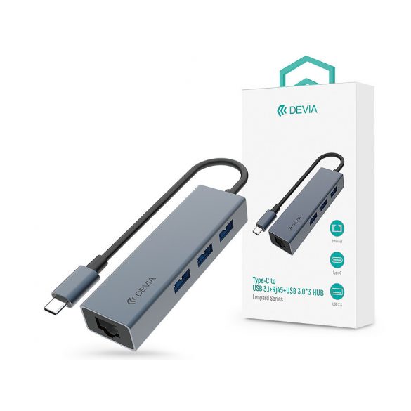 Devia USB Type-C - USB 3.1 + RJ45 + 3xUSB 3.0 hub/adaptor - Devia Leopard Series 5 în 1 Hub - gri