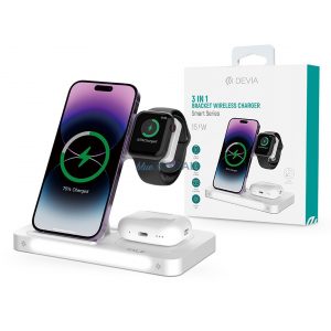 Devia Qi Universal Wireless Charging Station - 15W - Devia Smart Series 3 In 1 Bracket Wireless Charger pentru Smartphone + iWatch + Airpods - alb