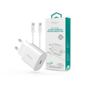 Adaptor pentru încărcător de rețea Devia cu intrare Type-C + Type-C - Cablu de date Type-C - 25W - Set încărcător rapid Devia Smart Series PD - alb