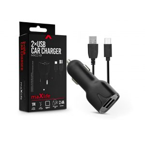 Adaptor pentru încărcător brichetă Maxlife 2xUSB + USB - Cablu tip C cu cablu de 1 m - Maxlife MXCC-01 Încărcător rapid auto tip C 2xUSB - 5V/2.4A - negru