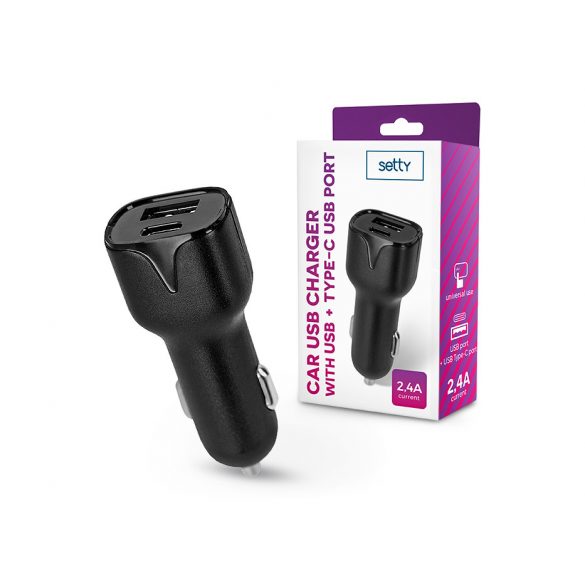 Încărcător USB auto Setty cu porturi USB +Type-C - 5V/2.4A - negru