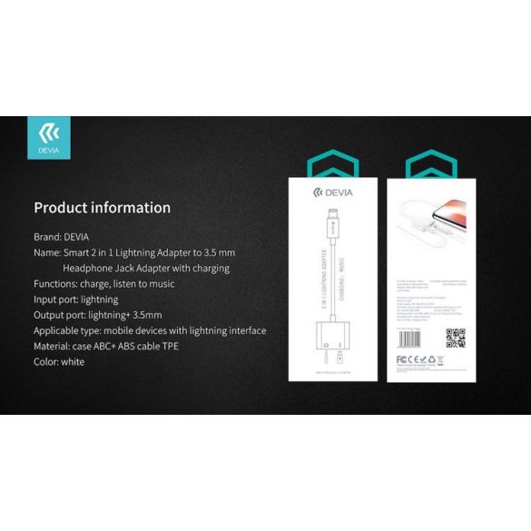 Adaptor audio și încărcător Devia EH018 Lightning/3.5 Jack - alb