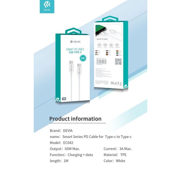 Cablu de date DEVIA EC042 Smart PD 60W USB Type-C 1M - Alb