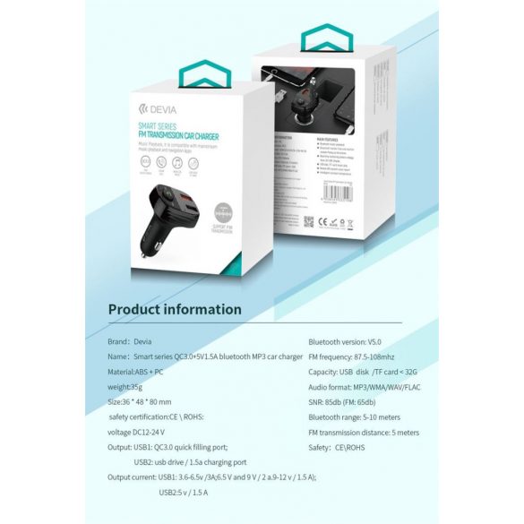 Transmițător FM DEVIA Smart QC 3.0 20W - Negru