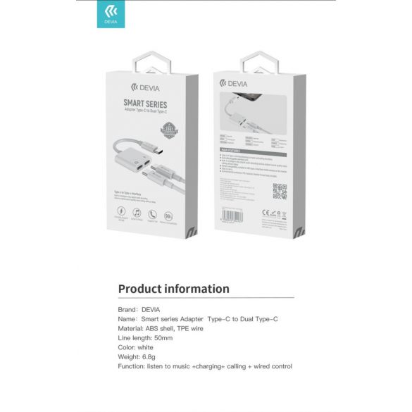 Adaptor audio și încărcare Devia EC609 USB Type-C/USB Type-C - alb