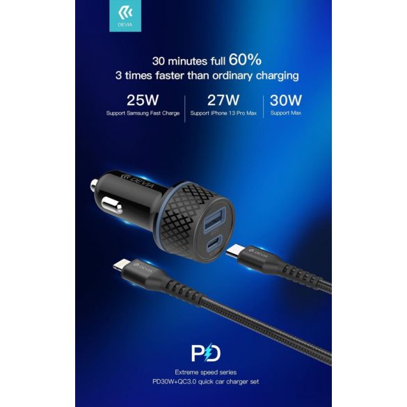 Încărcător auto Devia EA144 Extrem Speed ​​​​PD+QC 3.0 52,5W + cablu de date PD Lightning 30W - negru