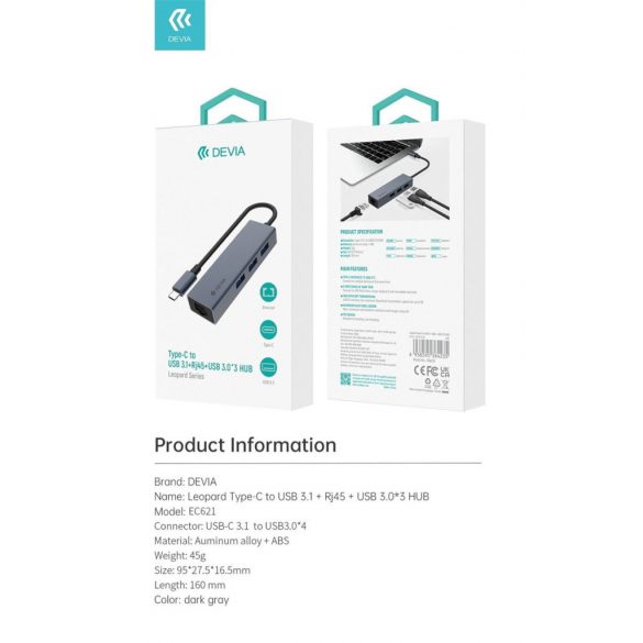 Devia EC621 Leopard USB Type-C 3.1/3xUSB 3.0 + Adaptor HUB RJ45 - Grafit