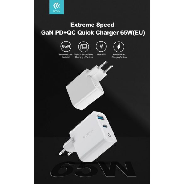 Devia GaN006D Încărcător de rețea GaN Smart PD 65W + Cablu de date USB Type-C 1M PD 100W - alb