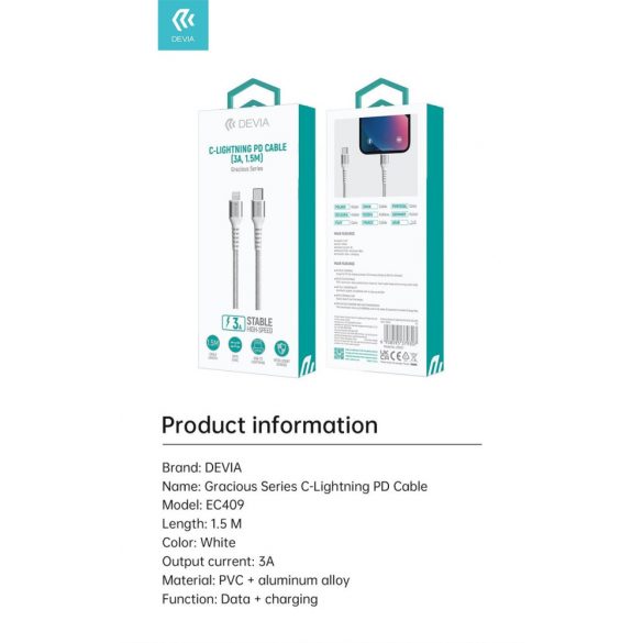 Cablu de date DEVIA EC409 Gracious PD 3A Lightning 1,5M - alb