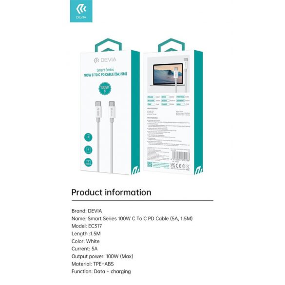 Cablu de date DEVIA EC317 Smart PD 100 W USB tip C 1,5 m - alb