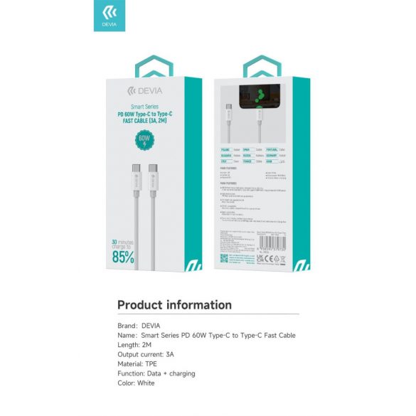 Cablu de date DEVIA EC042 Smart PD 60W USB Type-C 2M - Alb