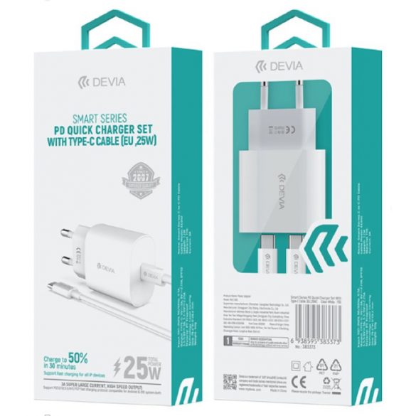 Încărcător de rețea Devia RLC-383 Smart PD 25W + Cablu de încărcare PD USB Type-C - alb