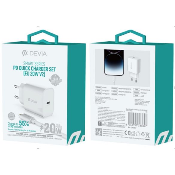 Devia RLC-511 Cap de încărcare de rețea Smart PD 20W + Cablu de încărcare PD Lightning - alb