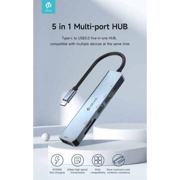 Adaptor Multi HUB 5 în 1 Devia EC135 Leopard USB Type-C 3.1 - Grafit