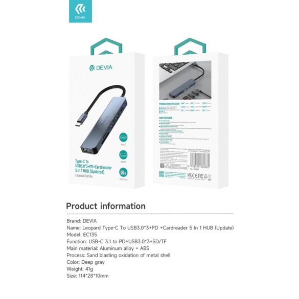 Adaptor Multi HUB 5 în 1 Devia EC135 Leopard USB Type-C 3.1 - Grafit