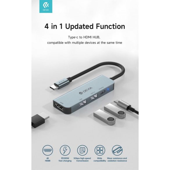 Adaptor Multi HUB Devia EC136 Leopard USB Type-C 3.1/HDMI 4in1 - Grafit