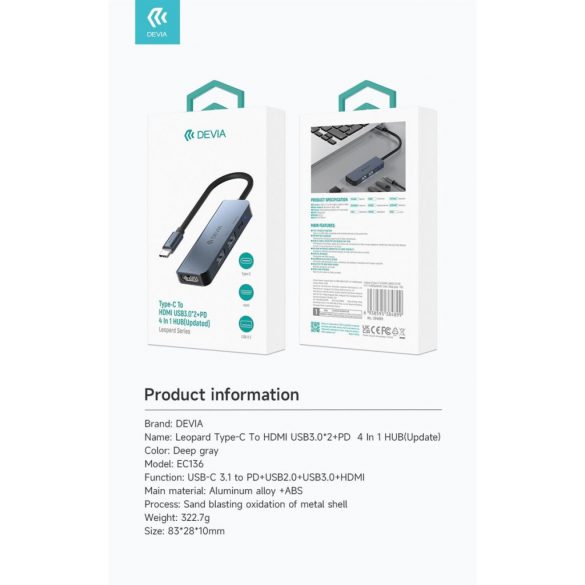 Adaptor Multi HUB Devia EC136 Leopard USB Type-C 3.1/HDMI 4in1 - Grafit