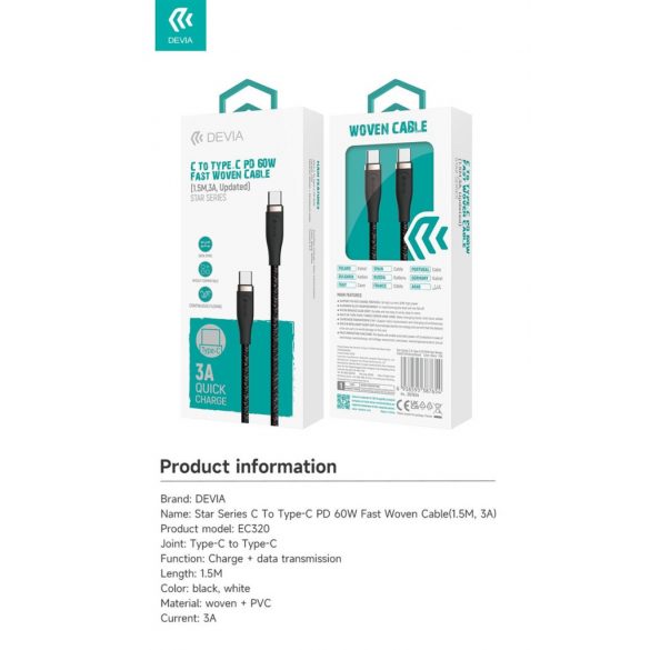 Cablu de date DEVIA EC320 Star PD 60 W USB Type-C 1,5 m - alb