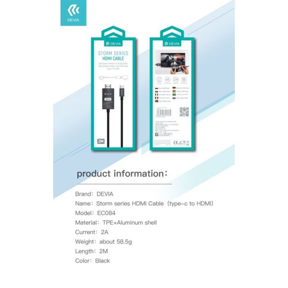 DEVIA EC084 (actualizare) Cablu HDMI Storm USB Type-C 2M 4K - Negru