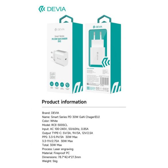 Încărcător de rețea Devia RCE-3005CL Smart PD 30W GaN - Alb