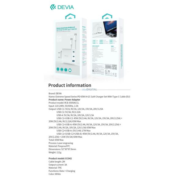 Devia RCE-3005CL Smart PD 30W adaptor de alimentare GaN + cablu USB Type-C PD - alb