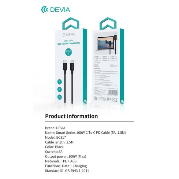 DEVIA EC317 Smart PD 100W USB Type-C 1.5M cablu de date - negru