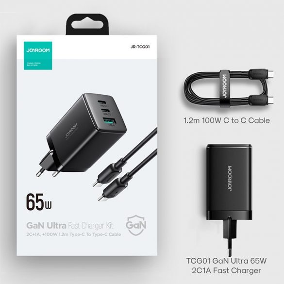 Joyroom TCG01 2xPD+QC 3.0 65W GaN Network Charging Head + 1M USB Type-C 100W PD Charging Cable - Negru